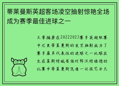 蒂莱曼斯英超客场凌空抽射惊艳全场成为赛季最佳进球之一